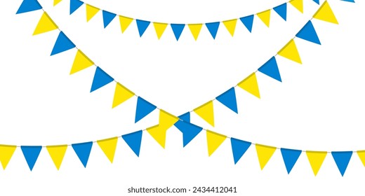 Blue and yellow flag garland. Triangle pennants chain. Party pennants, window or wall decoration decoration. Celebration flags for decor. Vector illustration  