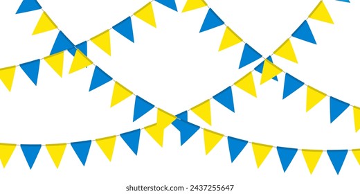 Blue and yellow flag garland. Triangle pennants chain. Party pennants, window or wall decoration decoration. Celebration flags for decor. Vector illustration  