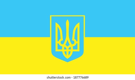 Blue and yellow flag of Ukraine with trident