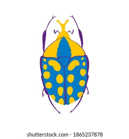 Escarabajo plano azul y amarillo. Aislado sobre fondo blanco. Ilustración vectorial.