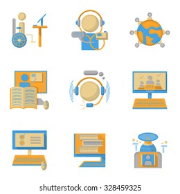Blue and yellow flat color style vector icons for e-learning, online education. E-library, webinars, online support and other samples. Elements of web design for business. 