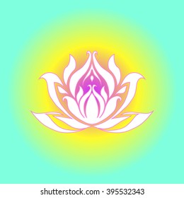Blue and yellow floral background with exotic white flower in vector. White water lily vector design. Lotus flower flat lay design. Vector flower symbol and sign of Purity India Yoga Meditation Peace