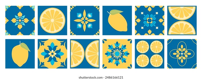 Blue and yellow floral geometric pattern with lemons. Ornate arabesque. Italian, Portuguese, Spanish, Moroccan tiles background. Mediterranean traditional style. Mosaic. Vector illustration