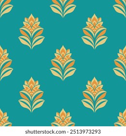 Un patrón floral azul y amarillo se repite en un diseño. Las flores se dibujan de una manera estilizada, con cada uno teniendo una forma y un tamaño únicos. El efecto general es de elegancia