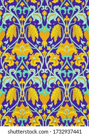 Blue and yellow floral pattern. Seamless filigree ornament. Stylized template for wallpaper, textile, shawl, carpet and any surface. Pattern with flowers and hummingbird.