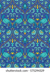 Blue and yellow floral pattern. Seamless filigree ornament. Stylized template for wallpaper, textile, shawl, carpet and any surface. Colorful background with birds and flower.