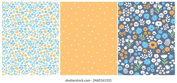 Blue and Yellow Floral Print. Seamless Pattern with Hand Drawn Flowers. Infantile Style Print with Abstract Garden. Floral Wallpaper. Tiny Flowers Isolated on a White, Yellow and Blue Background.