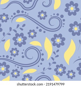 Blue and yellow floral seamless pattern. Traditional Ukrainian colours. Simple and cute flowers and leaves.