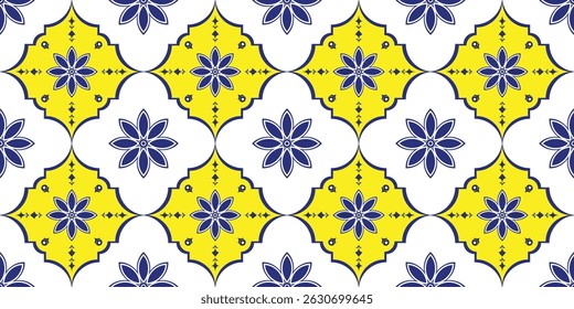 Blue and yellow floral seamless tile pattern, Traditional design use in wallpapers, textiles, fabric prints, ceramic tiles, fabrics, trendy ceramics, cup, warping, background.