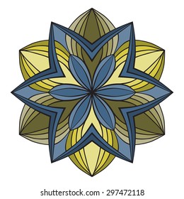 Blue and Yellow Flower Mandala. Vector Ornamental round floral object.