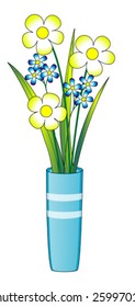 Blue and yellow Flowers arrangement in a blue vase