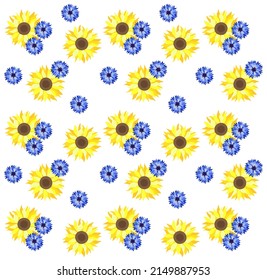 Blue and yellow Flowers background. Sunflower. Cornflowers. Vector  illustration. Ukraine colors and national symbolics. Support Ukraine. 