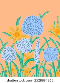 Blue and yellow flowers and leaves patterns on yellow background for web banner, branding package, fabric print, wallpaper, social media post, doodle, notes, book covers, wall decor.