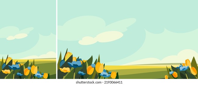 Blue and yellow flowers on the meadow. Nature landscape in different formats.