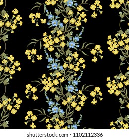 Blue and yellow flowers seamless pattern. Garland on a black background