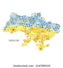  blue yellow flowers in  Ukraine  map shape  pray for Ukrainian peace save Ukraine from russia stop war concept horizontal vector illustration