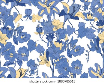 Flores azules y amarillas en un patrón vectorial sin costuras. Ornamento floral sobre fondo blanco.