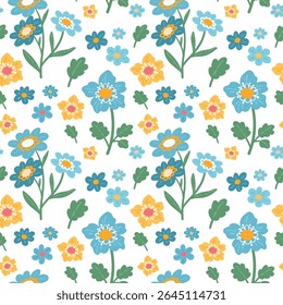 Blue and yellow flowers vector seamless pattern on white background.Cute wildflowers and foliage hand drawn summer pattern. Spring floral pattern for textile, kids, fabrics, decor, print design, cards