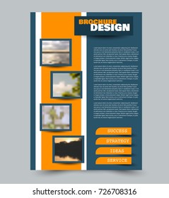 Blue  and yellow flyer design template with built in images. Brochure for business, education, presentation, advertisement. Corporate identity style concept. Editable vector illustration.