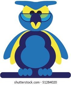 blue and yellow funny wise owl with glasses