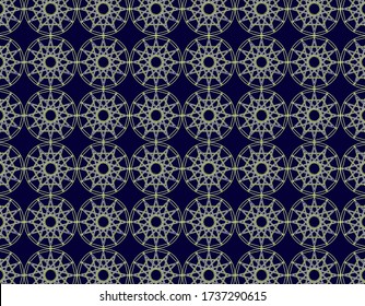 Blue and yellow Geometric 12 points star figure repetion pattern over dark blue background