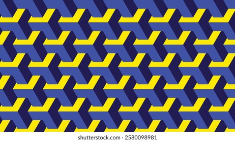 Blue and Yellow Geometric Isometric Pattern With Repeating Cubic Shapes