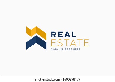 Blue Yellow Geometric Origami House Real Estate Logo. Construction Architecture Building Logo Design Template Element.