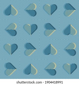 Blue and yellow geometric striped hearts on a blue background with line texture. Monochrome seamless vector design for prints, wallpaper, gift and wrapping paper and invitations.