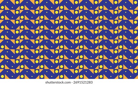 Blue and Yellow Geometric Zigzag Seamless Pattern. Modern geometric tile background with triangles and circles in blue and yellow tones