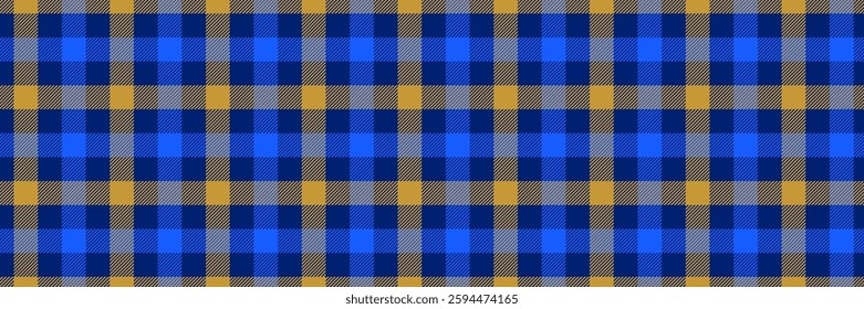 Blue and yellow gingham seamless pattern. Navy vichy background texture for textile design, fabric swatch, scarf cloth, suit print. Masculine checkered tweed plaid repeating wallpaper. Vector backdrop