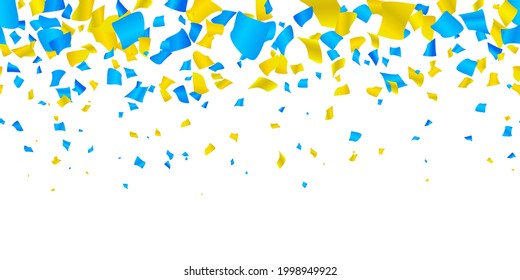 Blue, yellow glossy confetti flying on white. Flying tinsel sparkles, gradient foil confetti falling in colors of Ukraine flag. Ukraine Independence Day. 24 August. Vector seamless illustration