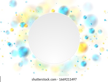 Blue and yellow glowing lights. Shiny bokeh abstract vibrant background. Vector luminous design with white circle