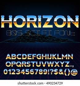 Blue Yellow Gold Glossy Metal Font Set for Retro Sci-Fi 80's 90's Style Title Designs, Vector Collection