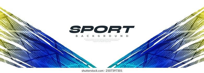 Fondo de pincel degradado azul y amarillo con efecto semitono. Anuncio deportivo Abstractas Grunge