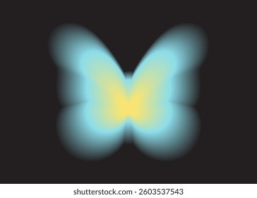 Blue and yellow gradient butterfly icon. Soft blurry sticker, holographic design element. 