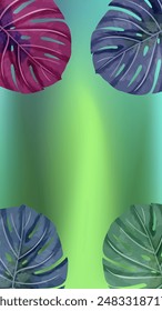 Blue yellow gradient mesh ,decorated with colorful tropical leaves nice for wallpaper or greeting card
