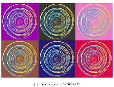Blue and yellow gradient spiral on six different colorful backgrounds