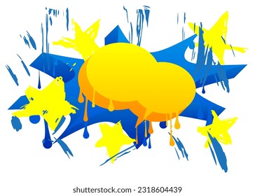 Blue, yellow Graffiti speech bubble isolated on white background. Abstract modern street art decoration backdrop performed in urban painting style.