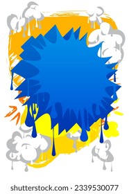 Burbuja del discurso de Graffiti azul y amarillo. Resumen Mensajería seña decoración de arte callejero, Icono de Discusión realizado en estilo de pintura urbana aislado en blanco.