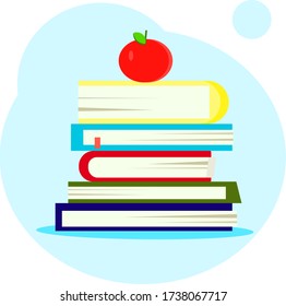 blue, yellow, green books and red apple