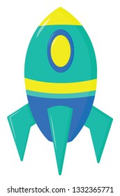 A blue, yellow and green colored rocket, vector, color drawing or illustration.