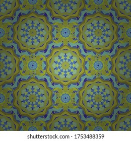 Blue, yellow and green colors. Boho style flower seamless pattern. Tiled mandala design, best for print fabric or papper and more. Vector Mandala.