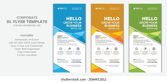 Blue, blue, Yellow, Green Creative Corporate DL Flyer Rack Card Template Unique Design with Abstract Polygonal Geometric Shapes