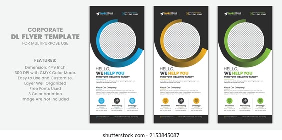 Blue, Yellow and Green Gradient Corporate DL Flyer Rack Card Template Vector Design with Creative Concept and Shapes for Business, Marketing, Advertisement, Multipurpose Use 
