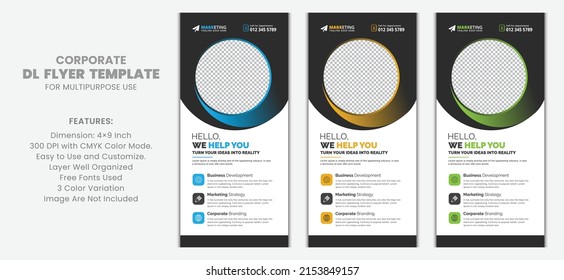 Blue, Yellow and Green Gradient Modern Clean Corporate DL Flyer Rack Card Template Vector Design with Creative Concept and Shapes for Business, Marketing, Advertisement, Multipurpose Use 