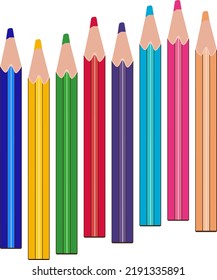 blue, yellow, green, red, purple, light blue, pink, orange, colored pencils