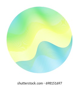 Blue, yellow and green wavy lines circle ripple texture design. Circle ripple abstract vector logo illustration on white background. Bright clip art pattern with colorful curves. Round shape. 