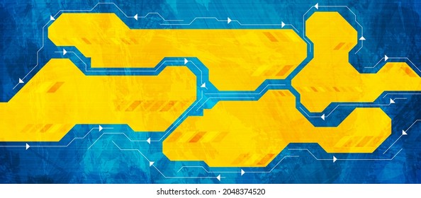 Blue and yellow grunge hi-tech abstract circuit board background. Vector futuristic design