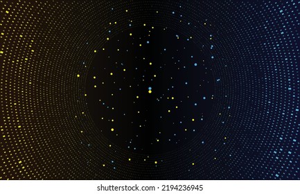 Blue and yellow halftone dots in circle and chaos background.