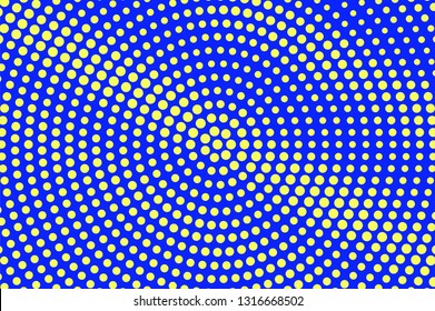 Blue yellow halftone vector background. Grunge halftone texture. Diagonal dotwork gradient. Vibrant dotted vector background. Colorful halftone overlay. Vintage cartoon effect. Perforated texture